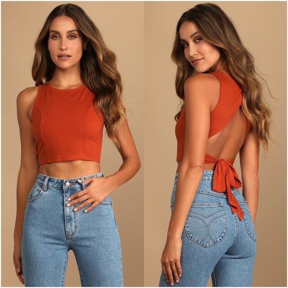 LULU’S Let’s Tie It Rust Orange Tie Back Cropped Tank Top - Picture 1 of 4
